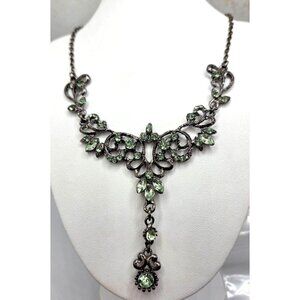 Silver Tone Necklace W/ Green Crystals  & Ornate Detailing Adjustable Chain Leng